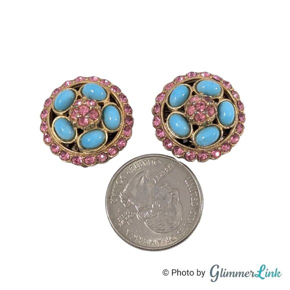 Vintage Pink Rhinestone Blue Cabochon Round Gold Tone Clip On Earrings - Picture 5 of 11